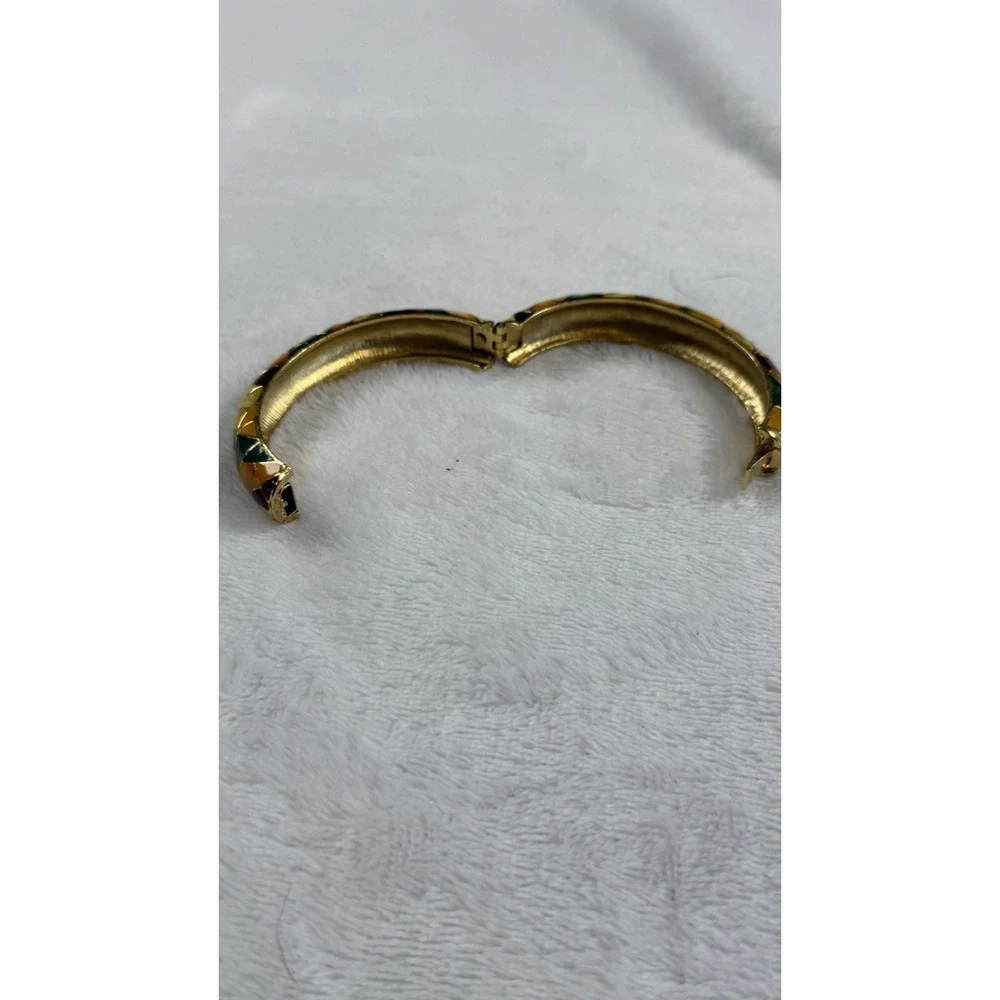 Vintage Gold Tone Mosaic Enamel Hinged Bangle Bracelet Multicolor Retro